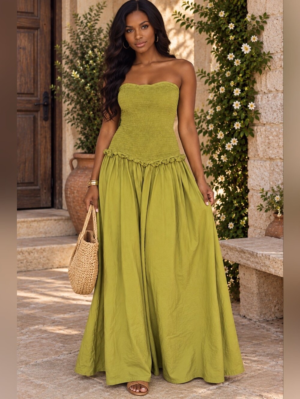 Seven Wonders Olive Chartreuse Smocked Strapless Drop Waist Maxi Dress XS
